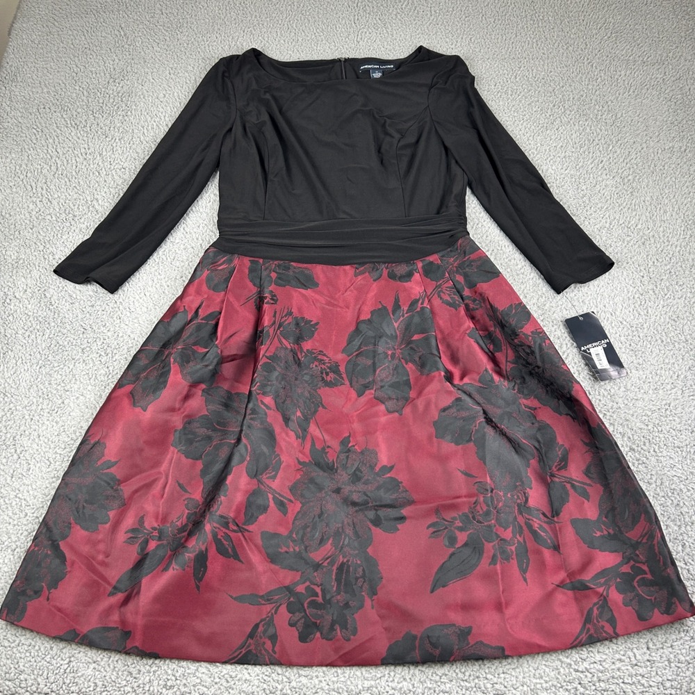 American Living Dress Womens 12 Black Red Floral Jacquard 3/4 Sleeve Fit & Flare